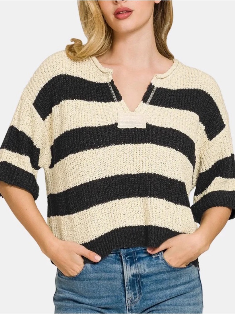 Zenana Outfitters Black & Cream Striped Crew Sweater